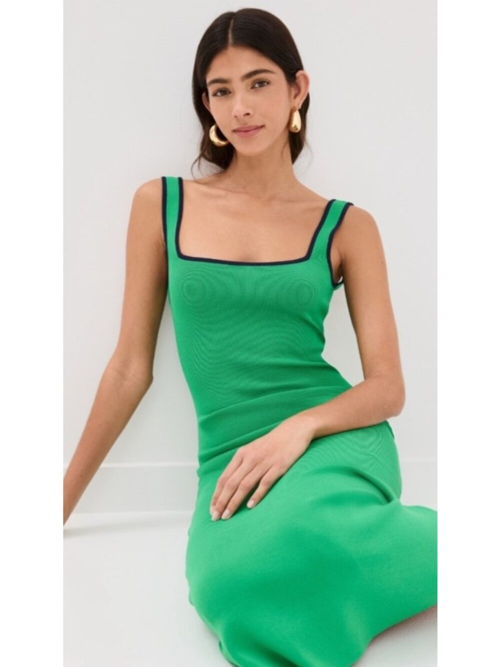 NEW $225 Staud Paityn Midi Dress Seaweed/Navy Square-Neck Stretchy XS Casual